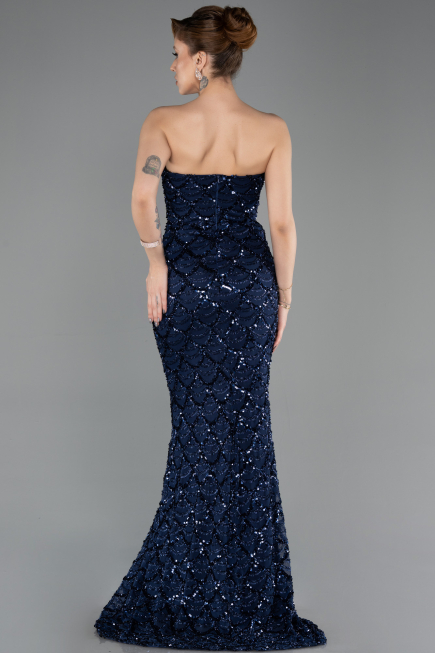 Robe de Soirée Longue Squameuse Bleu Marine ABU5701