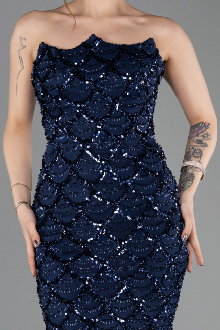 Robe de Soirée Longue Squameuse Bleu Marine ABU5701