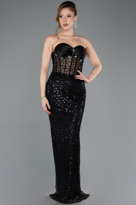 Robe de Soirée Longue Squameuse Noir ABU5702