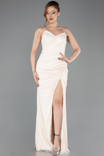 Robe de Soirée Longue Dantelle Beige ABU5719