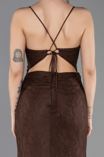 Robe de Soirée Longue Dantelle Brun ABU5719