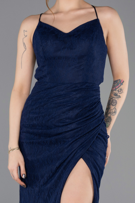 Robe de Soirée Longue Dantelle Bleu Marine ABU5719