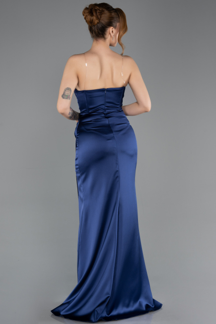 Robe de Soirée Longue Satin Bleu Marine ABU5708