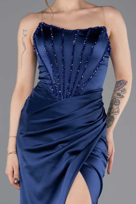 Robe de Soirée Longue Satin Bleu Marine ABU5708