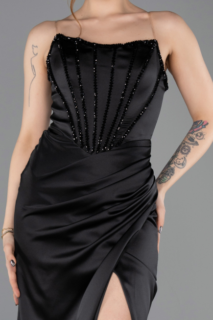 Robe de Soirée Longue Satin Noir ABU5708