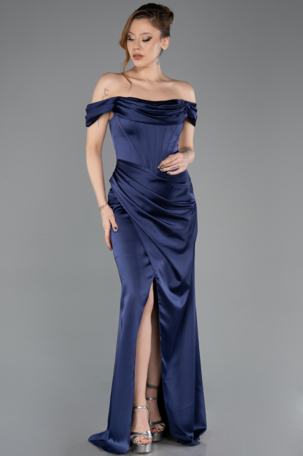 Robe de Soirée Longue Satin Bleu Marine ABU5709
