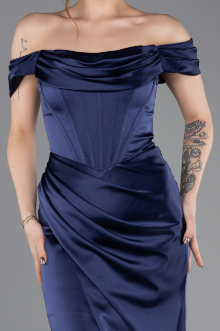 Robe de Soirée Longue Satin Bleu Marine ABU5709