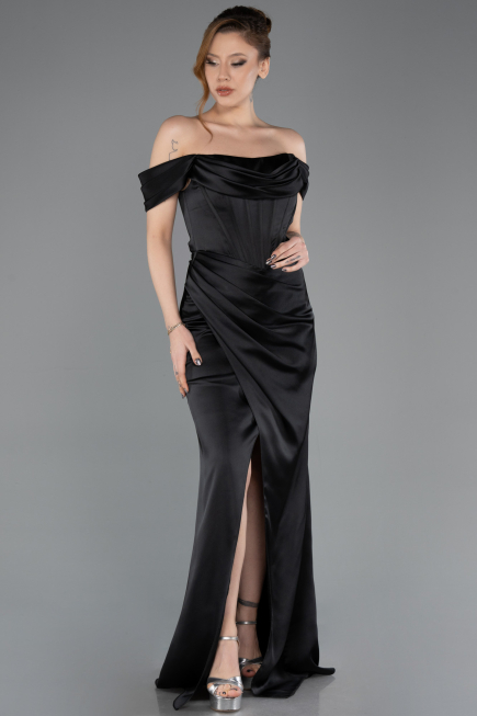 Robe de Soirée Longue Satin Noir ABU5709
