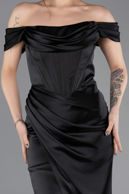 Robe de Soirée Longue Satin Noir ABU5709