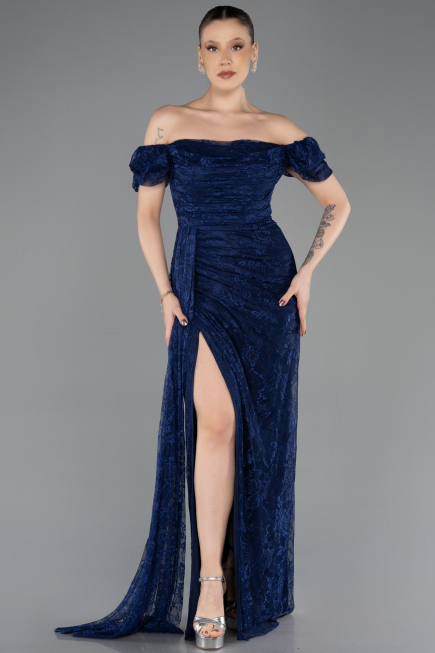 Robe de Soirée Longue Dantelle Bleu Marine ABU5728