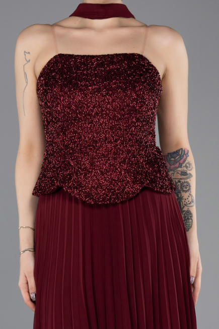 Robe de Soirée Longue Mousseline Rouge Bordeaux ABU5715
