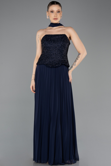 Robe de Soirée Longue Mousseline Bleu Marine ABU5715