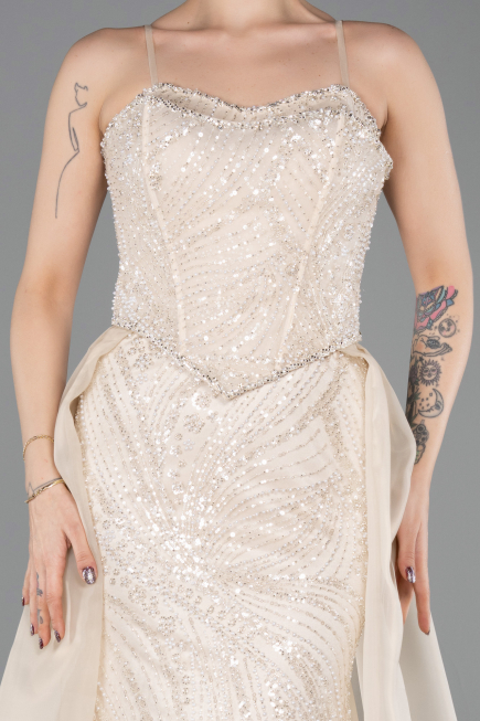 Robe de Soirée Longue Perlé Beige ABU5730