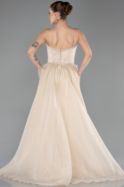 Robe de Soirée Longue Perlé Beige ABU5730