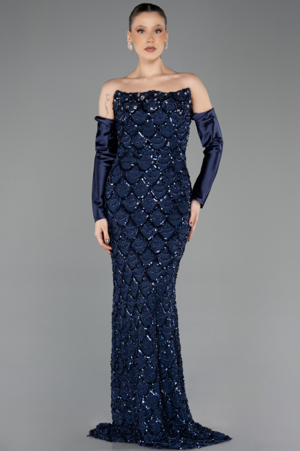 Robe de Soirée Longue Squameuse Bleu Marine ABU5732