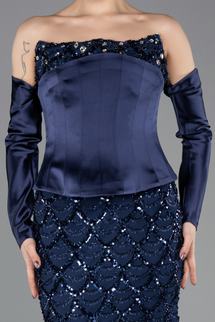 Robe de Soirée Longue Squameuse Bleu Marine ABU5732