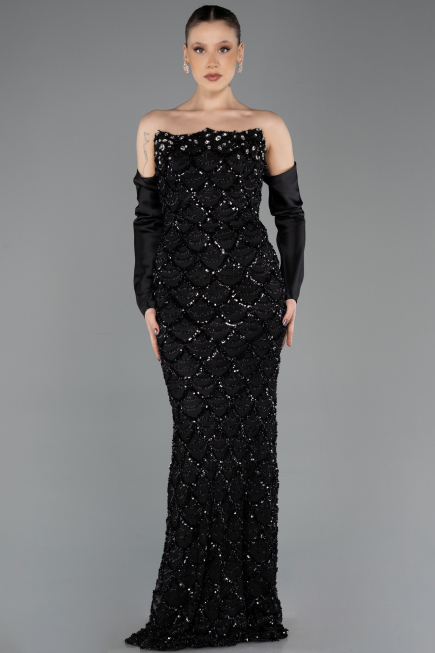 Robe de Soirée Longue Squameuse Noir ABU5732