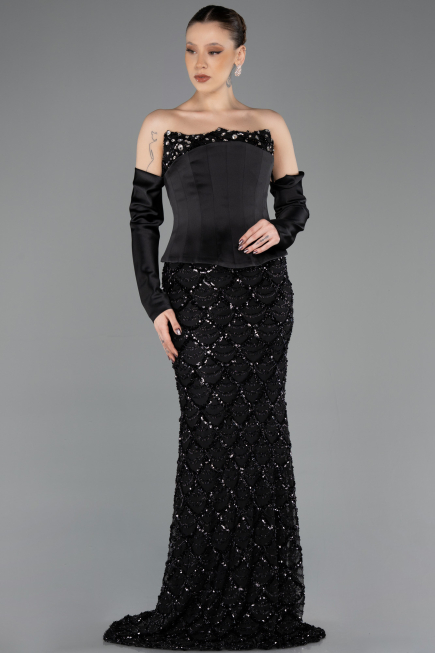 Robe de Soirée Longue Squameuse Noir ABU5732