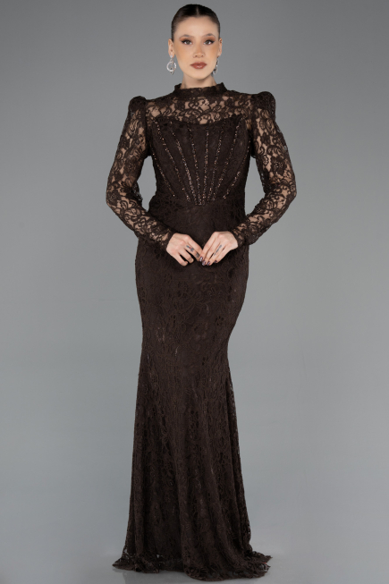 Robe de Soirée Longue Dantelle Brun ABU5734