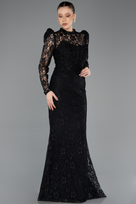 Robe de Soirée Longue Dantelle Noir ABU5734