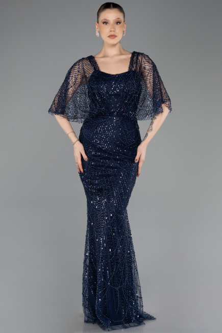 Robe de Soirée Longue Perlé Bleu Marine ABU5718