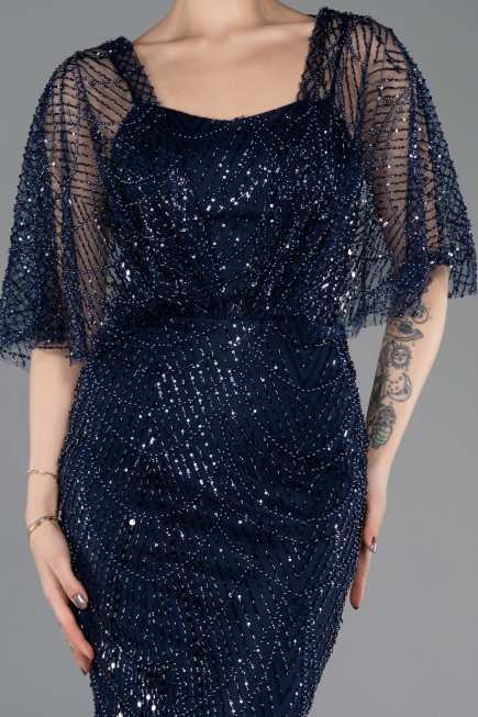 Robe de Soirée Longue Perlé Bleu Marine ABU5718