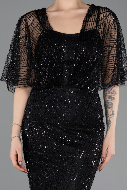 Robe de Soirée Longue Perlé Noir ABU5718