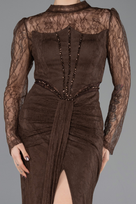 Robe de Soirée Longue Dantelle Brun ABU5736