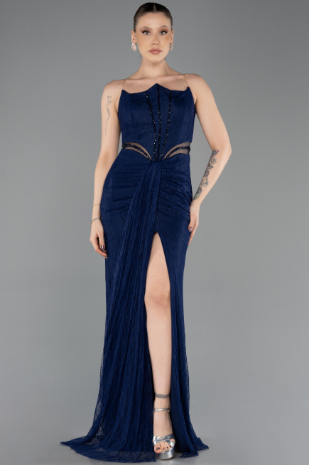 Robe de Soirée Longue Dantelle Bleu Marine ABU5736