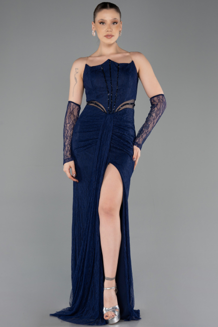 Robe de Soirée Longue Dantelle Bleu Marine ABU5736
