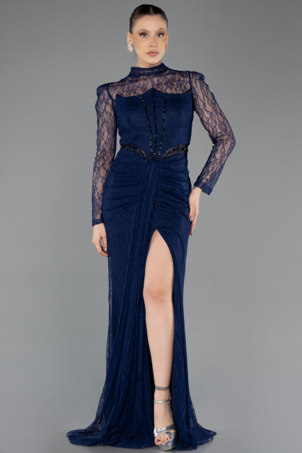 Robe de Soirée Longue Dantelle Bleu Marine ABU5736