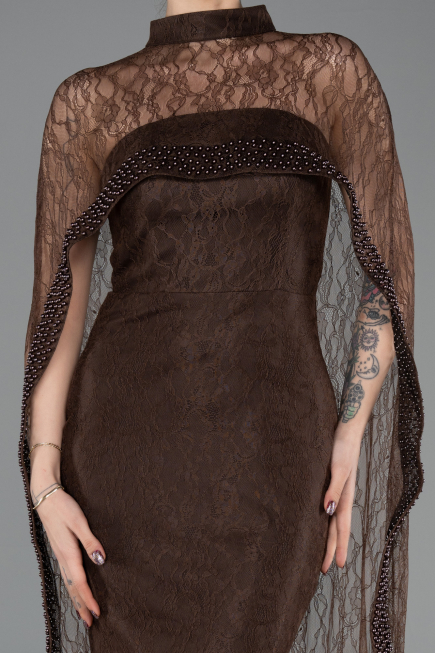 Robe de Soirée Longue Dantelle Brun ABU5739