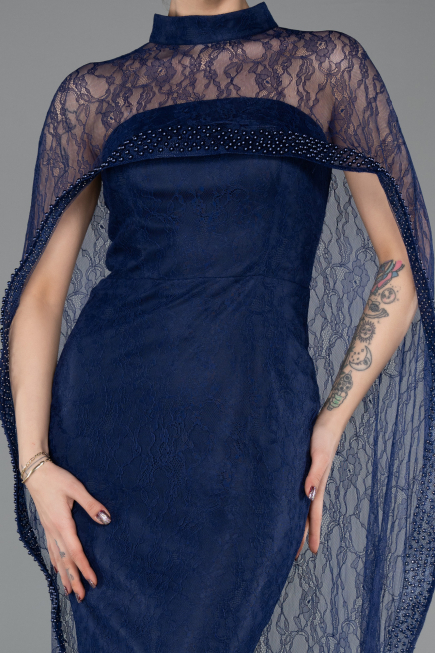 Robe de Soirée Longue Dantelle Bleu Marine ABU5739