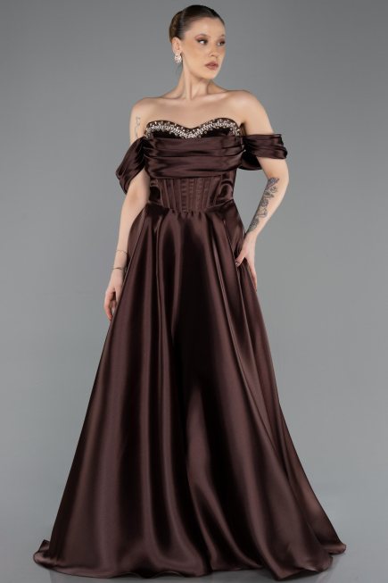 Robe De Soirée Grande Taille Longue Satin Brun ABU5726