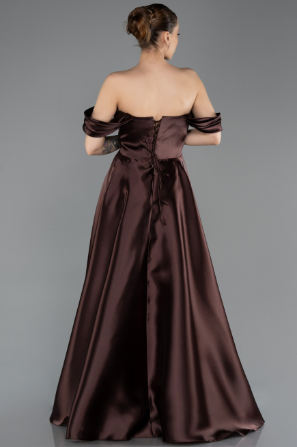Robe De Soirée Grande Taille Longue Satin Brun ABU5726