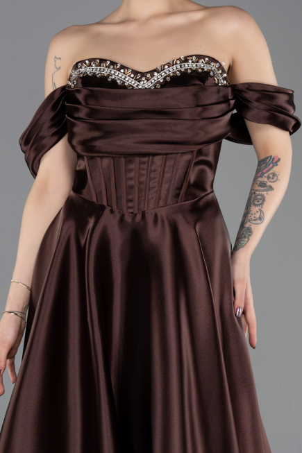 Robe De Soirée Grande Taille Longue Satin Brun ABU5726