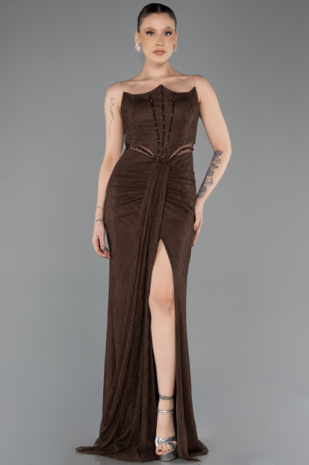 Robe de Soirée Longue Dantelle Brun ABU5736