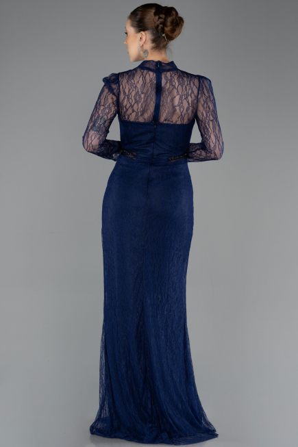 Robe de Soirée Longue Dantelle Bleu Marine ABU5736