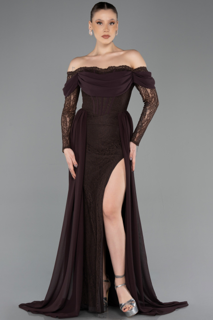Robe de Soirée Longue Dantelle Brun ABU5727