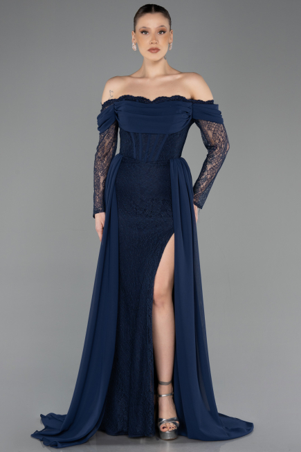 Robe de Soirée Longue Dantelle Bleu Marine ABU5727