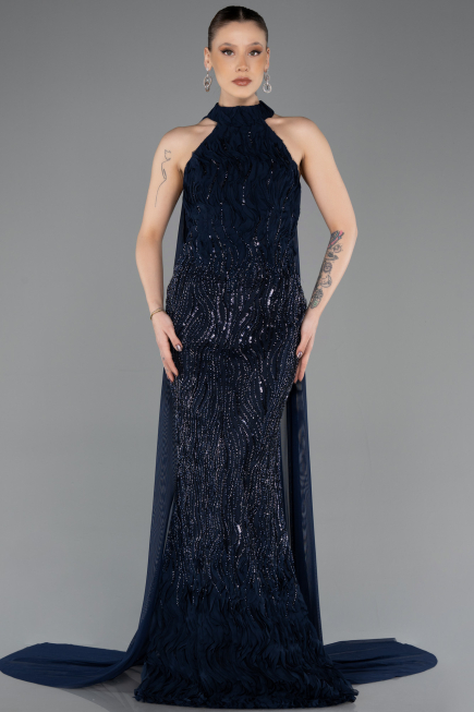 Robe Queue de Poisson Longue Perlé Bleu Marine ABU5741