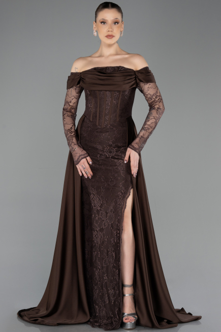 Robe de Soirée Longue Dantelle Brun ABU5723