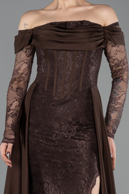 Robe de Soirée Longue Dantelle Brun ABU5723