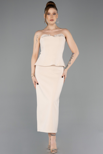 Robe de Cérémonie Midi Beige ABK2539