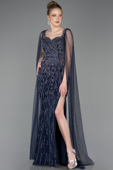Robe de Soirée Longue Pierreux Bleu Marine ABU5751