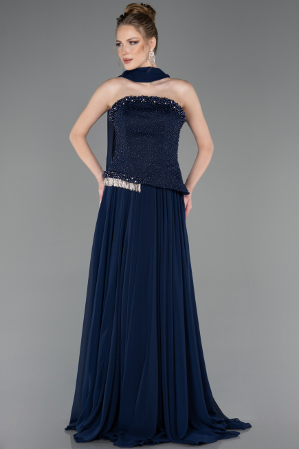 Robe de Soirée Longue Mousseline Bleu Marine ABU5759