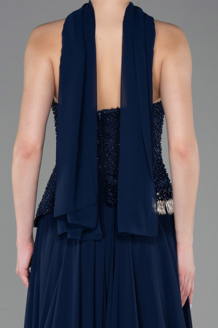 Robe de Soirée Longue Mousseline Bleu Marine ABU5759