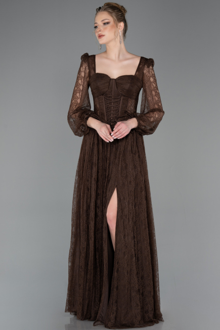 Robe de Soirée Longue Dantelle Brun ABU5797