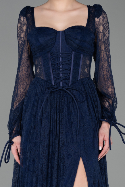 Robe de Soirée Longue Dantelle Bleu Marine ABU5797