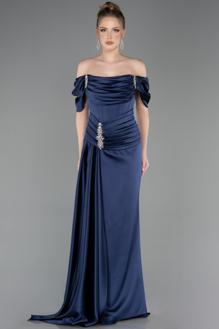 Robe Queue de Poisson Longue Satin Bleu Marine ABU5765